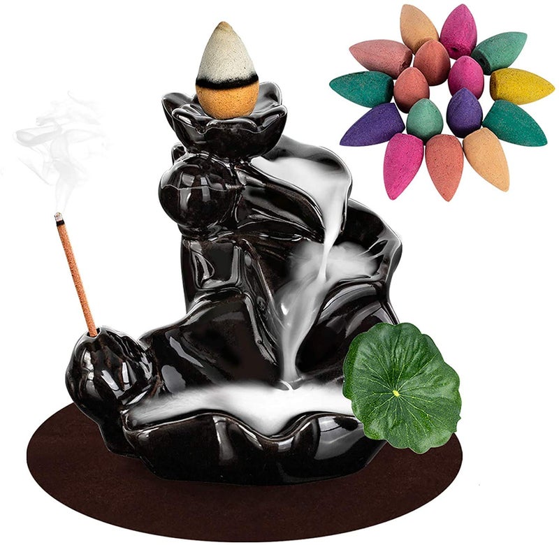 DK177 Waterfall Incense Holder Backflow Cone Ceramic Burner Handcrafted Porcelain Censer Incense Stick Stand with 20 Free Cones - Image 1